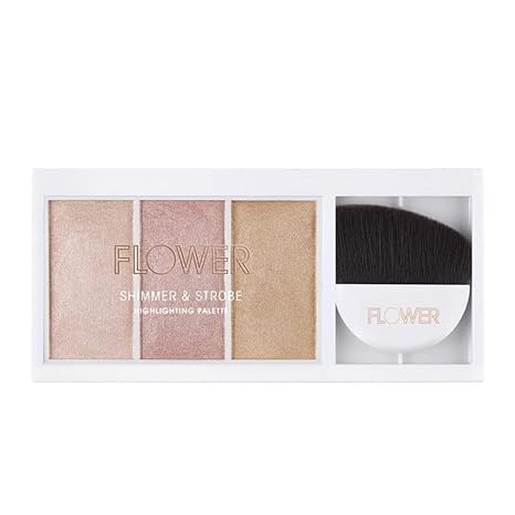 FLOWER Beauty By Drew Barrymore Shimmer + Strobe Highlighting Palette - Glowing Bronzer Powder Kit For Face + Blendable Coverage - Skintones + 3 Enhancing Colors (Strobe Brush) Included - Champagne Shimmer